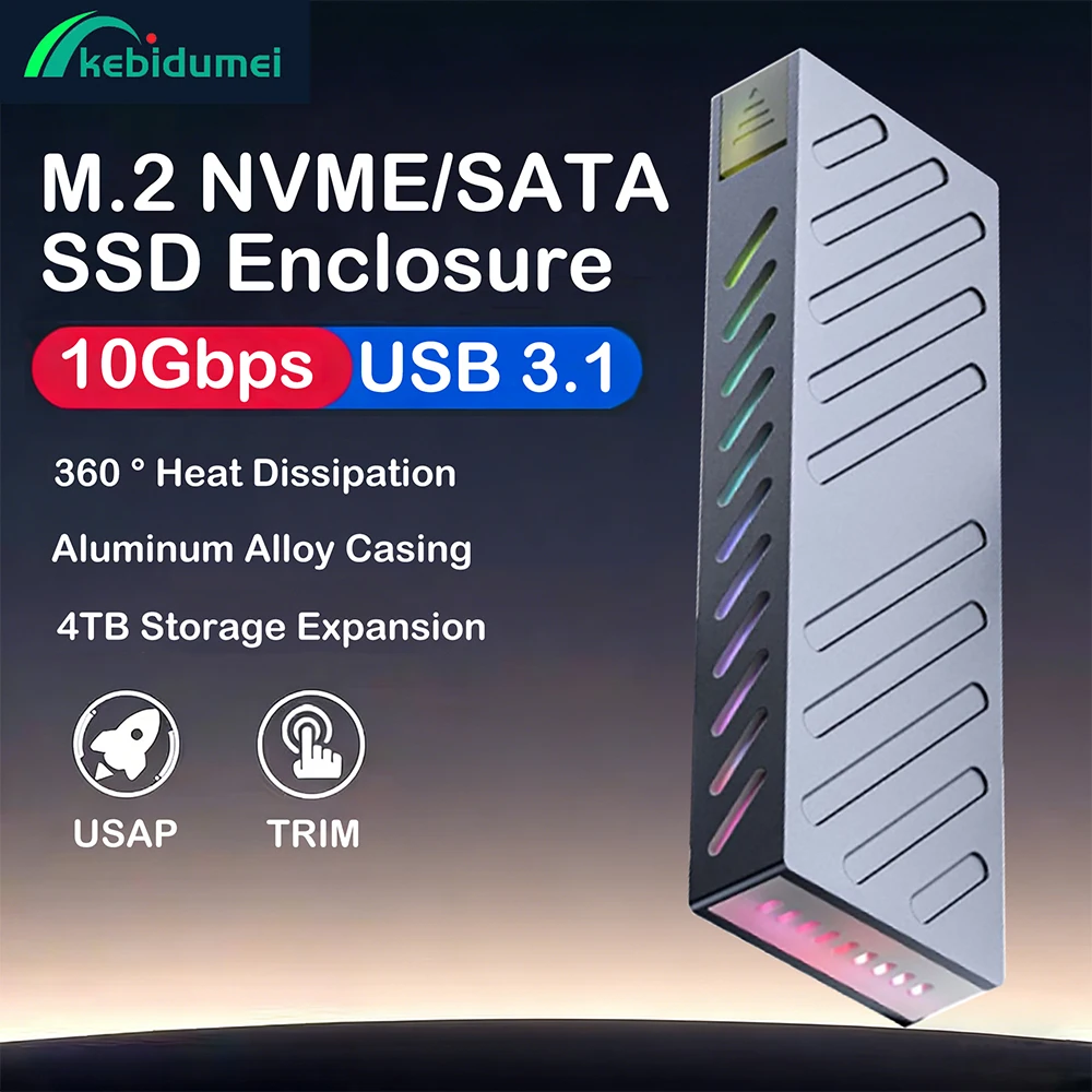 Kebidumei M.2 SSD caja M2 SATA/NVME caja de disco duro externo 10Gbps interfaz USB3.1 RGB SSD caja herramienta soporte gratuito UASP TRIM