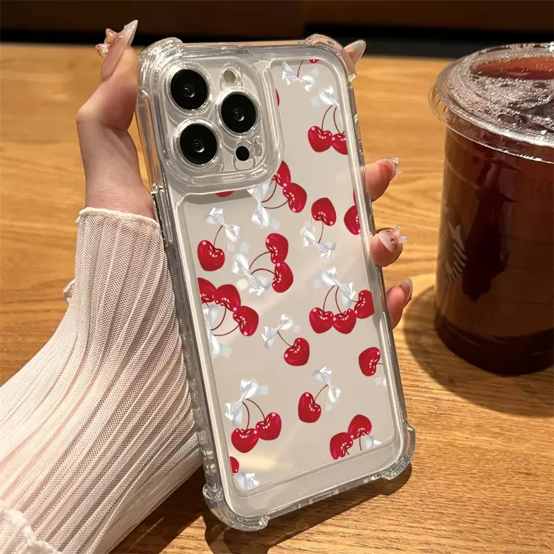 Funda de teléfono transparente con bonito lazo de cereza para iPhone 16 15 14 13 12 11 Pro Max 7 8 16 15 Plus X XR XS Max, funda suave transparente de silicona