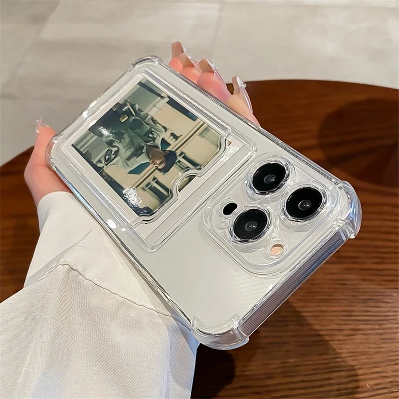 Funda transparente con ranura para tarjetas, funda de teléfono con soporte para iPhone 16 15 14 13 12 11 Pro Max XR, funda trasera transparente de silicona a prueba de golpes - imagen 2
