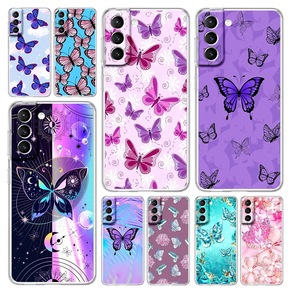 Funda de teléfono a prueba de golpes de cristal de mariposa para Samsung Galaxy S23 Ultra S22 5G S20 S21 FE 5G S10E S9 S8 S10 Plus, funda transparente suave