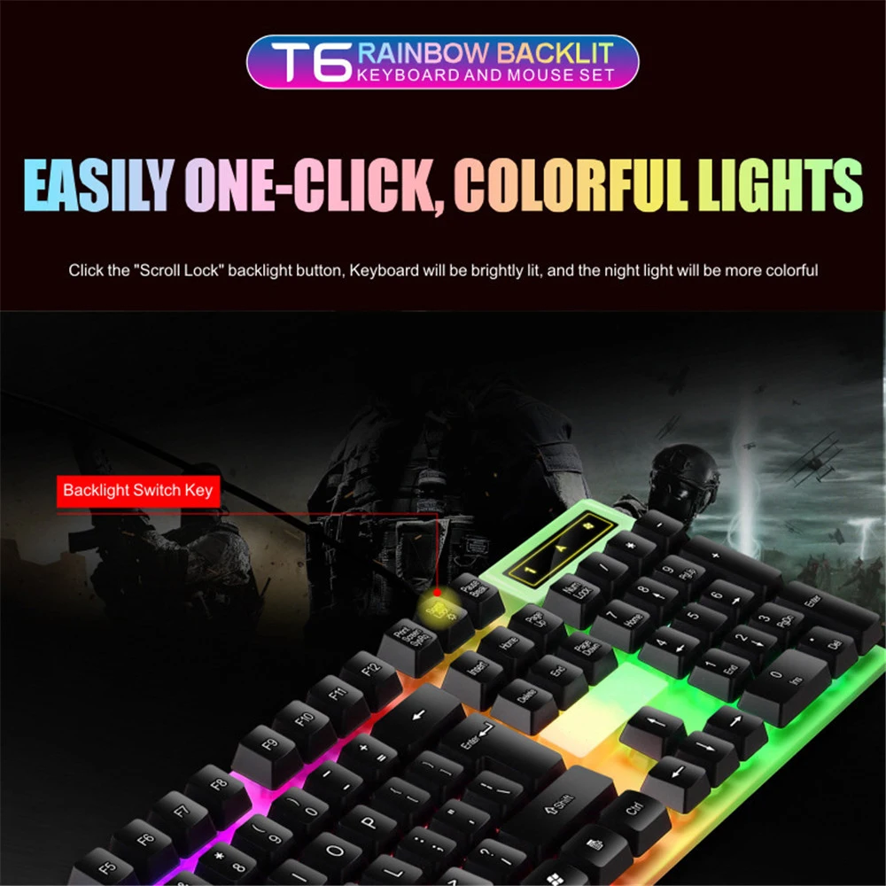 Juego de teclado y ratón con cable para oficina y negocios, iluminación colorida, ergonómico, Accesorios para ordenador portátil y PC, 104 teclas - imagen 4