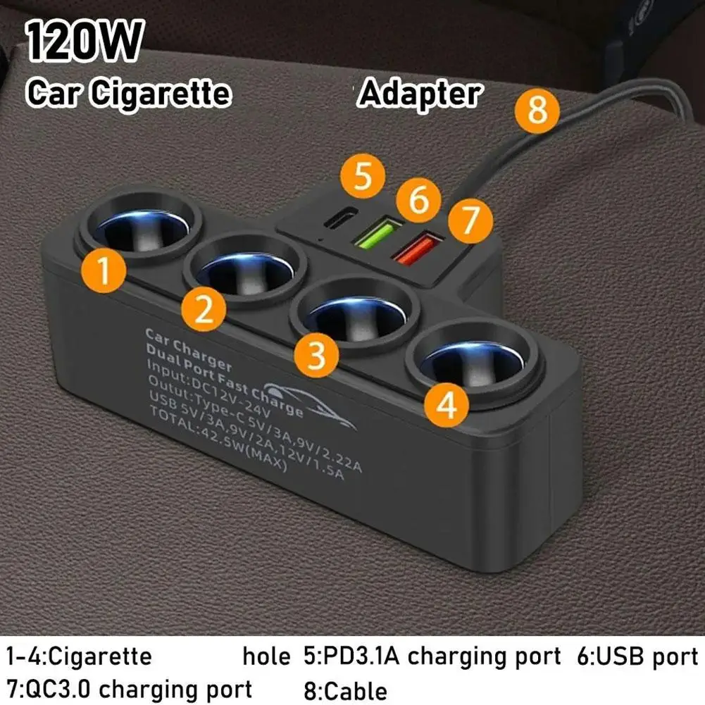 Adaptador de encendedor de cigarrillos de coche de 12V/24V nuevo cargador de 4 enchufes 3.1A USB de coche + QC3.0 + PD3.1A accesorios puerto USB 120W - imagen 4