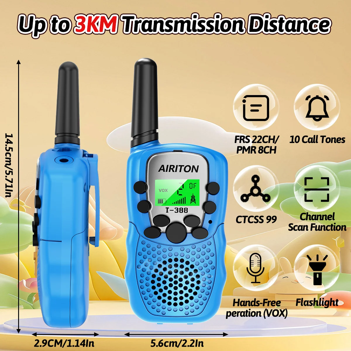 Walkie Talkie AIRITON T-388 para niños, 2 uds., PMR/FRS, voz clara, escaneo de canales de largo alcance, manos libres, gran regalo para niños, Radioaficionado - imagen 2
