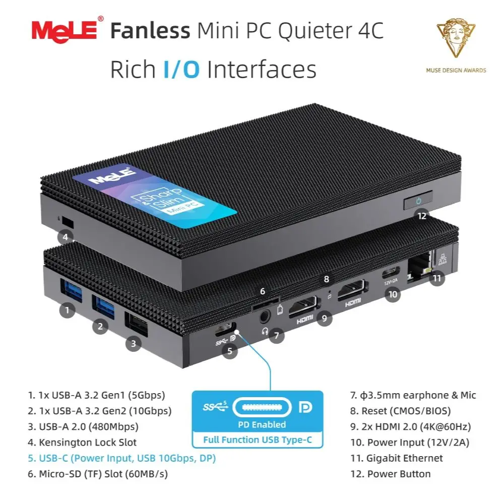 MeLE Mini PC sin ventilador Quieter4C N150 32GB 512GB Micro PC USB-C 2 X HDMI 4K @ 60 Pantalla triple Factor de forma pequeña Computadoras de escritorio - imagen 5
