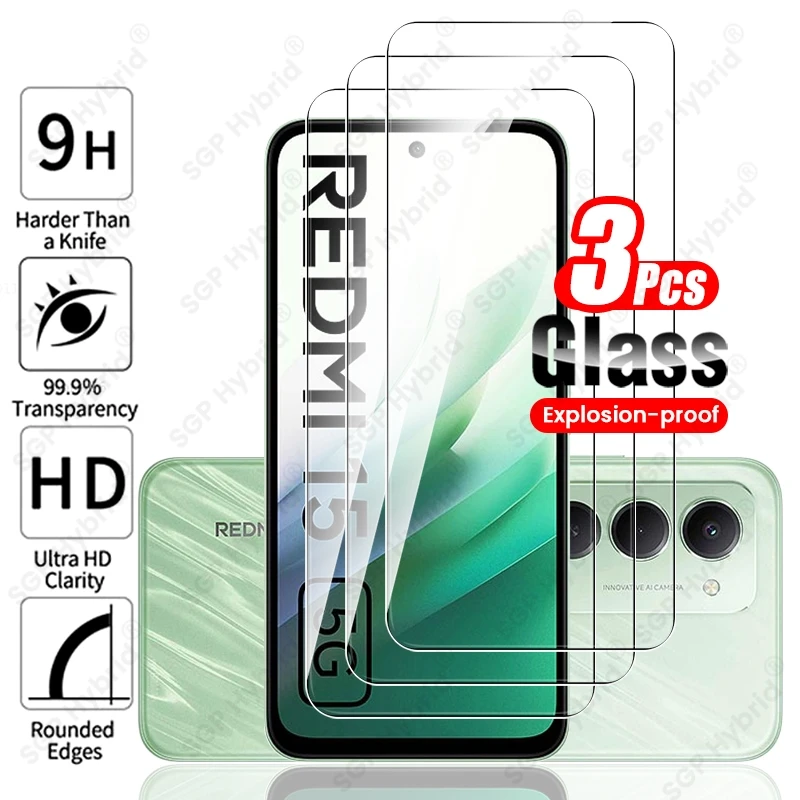 Redmi15 5G vidrio 3 uds 9H vidrio templado transparente para Xiaomi Redmi 15 5G 4G Global Protector de pantalla completa HD película de cubierta antiarañazos