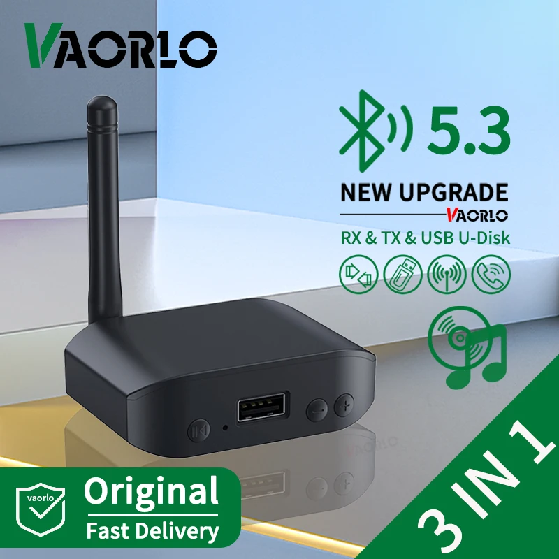 Receptor y transmisor de audio Bluetooth 5.3 3 en 1, estéreo, compatible con AUX de 3,5 mm, USB, reproducción de disco U, llamadas con manos libres, adaptador inalámbrico de música HIFI sin pérdida con antena