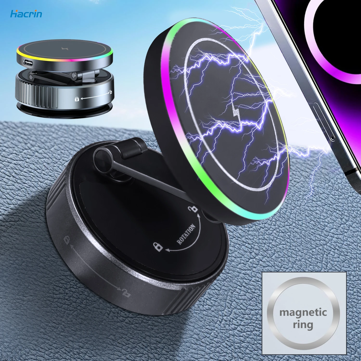 Cargador inalámbrico de coche con rotación de 360 grados para iPhone 17 16 15 14 Samsung Huawei ventosa de vacío cargador inalámbrico magnético para coche - imagen 2