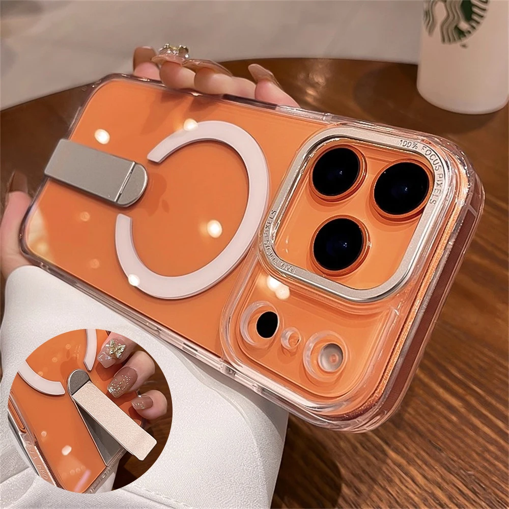 Funda de teléfono magnética de PC altamente transparente con soporte plegable de lujo para iPhone 17 16 15 14 13 12 Pro Max para cubierta de carga inalámbrica Magsafe