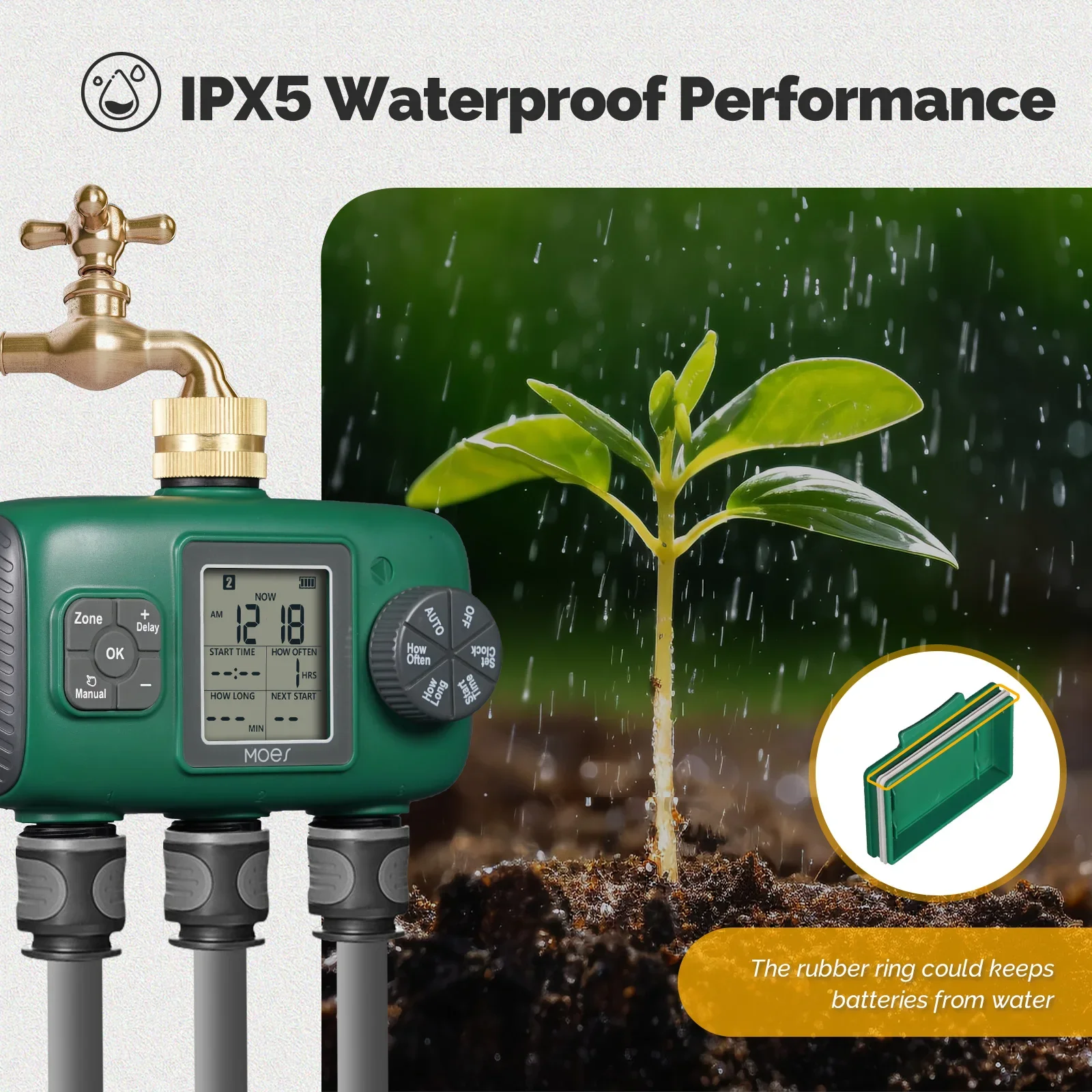 MOES Temporizador de agua inteligente de 3 salidas Entrada de latón IPX5 Botón de perilla impermeable Irrigación automática Pantalla LCD Aspersor de jardín - imagen 4