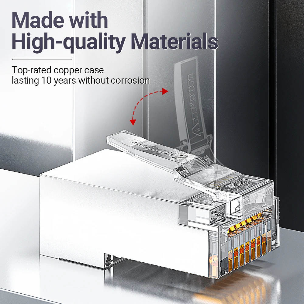 Conectores AMPCOM Pass Through STP RJ45, CAT6 CAT5E blindados 3/50μ Enchufes modulares 8P8C chapados en oro Extremo de engarzado para cable Ethernet - imagen 3