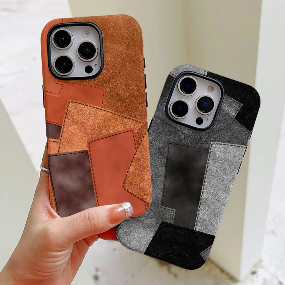 Funda de teléfono con diseño de retazos de cuero para iPhone 16, 15, 14, 13, 12, 11 Pro Max Plus, funda trasera magnética de lujo de doble capa - imagen 4