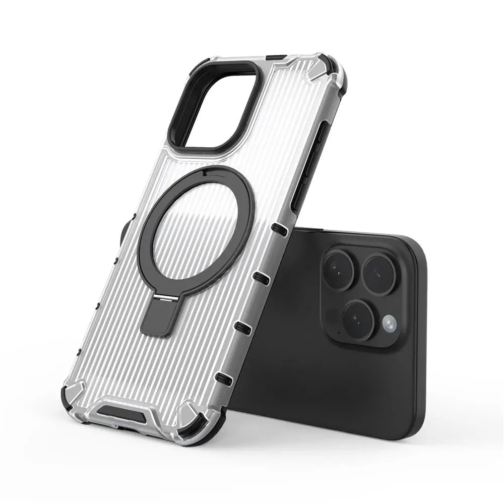 Funda de teléfono transparente con soporte de Metal magnético corrugado para Magsafe iPhone 16 15 14 Plus 13 Pro Max cubierta protectora completa