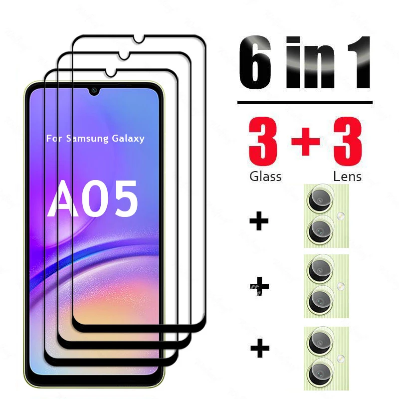 6 en 1 para Samsung Galaxy A05 vidrio templado Samsung A05 vidrio cubierta completa Protector de pantalla película de cámara Galaxy A05 vidrio