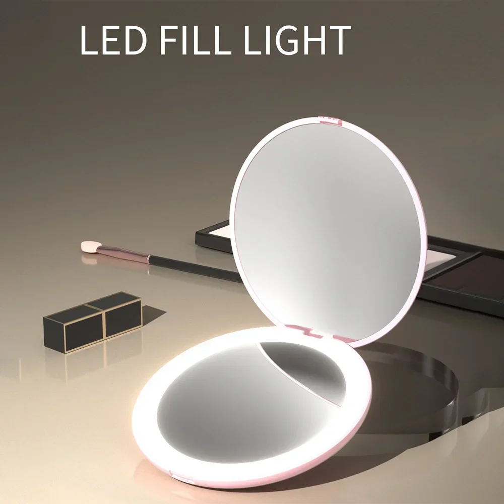Espejo de maquillaje de viaje con LED, espejo compacto de 3,5 pulgadas iluminado, portátil de doble cara, plegable para bolso de bolsillo - imagen 3