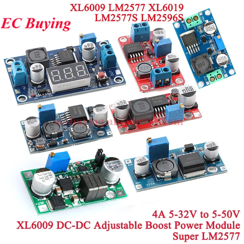 Convertidor de refuerzo XL6009 4A, elevador ajustable, 20W, 15W, 5-32V a 5-50V, módulo de fuente de alimentación de DC-DC, alto rendimiento, baja ondulación LM2577