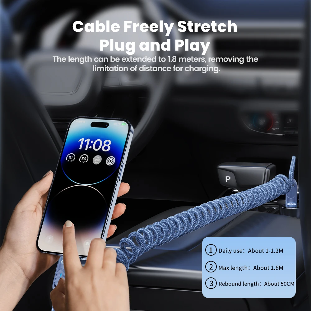 Toocki PD 20W tipo C a Lightning Cable cargador rápido para iPhone 14 13 12 11 Pro Max Plus XR XS Cable de carga telescópico de resorte - imagen 5