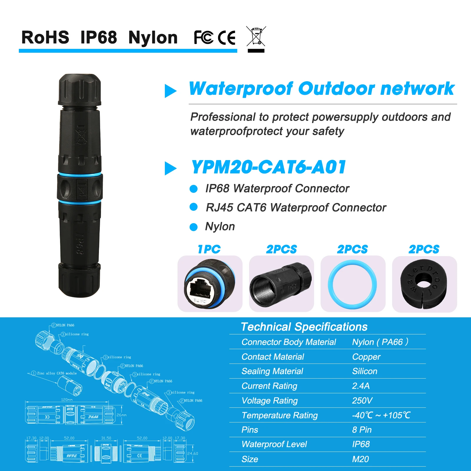 YXY-conector rj45 de aleación de Zinc, Cable de red de alta velocidad, extensores de Ethernet, Panel M20, IP68, CAT6, 2023 - imagen 3