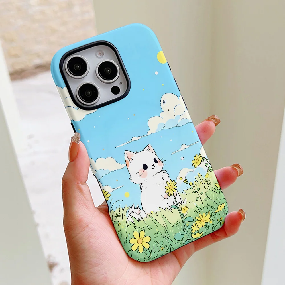 Funda de teléfono con bonitos dibujos de gatos y flores para iPhone 16, 15, 14, 13, 12, 11 Pro Max Plus, funda trasera magnética de lujo de doble capa