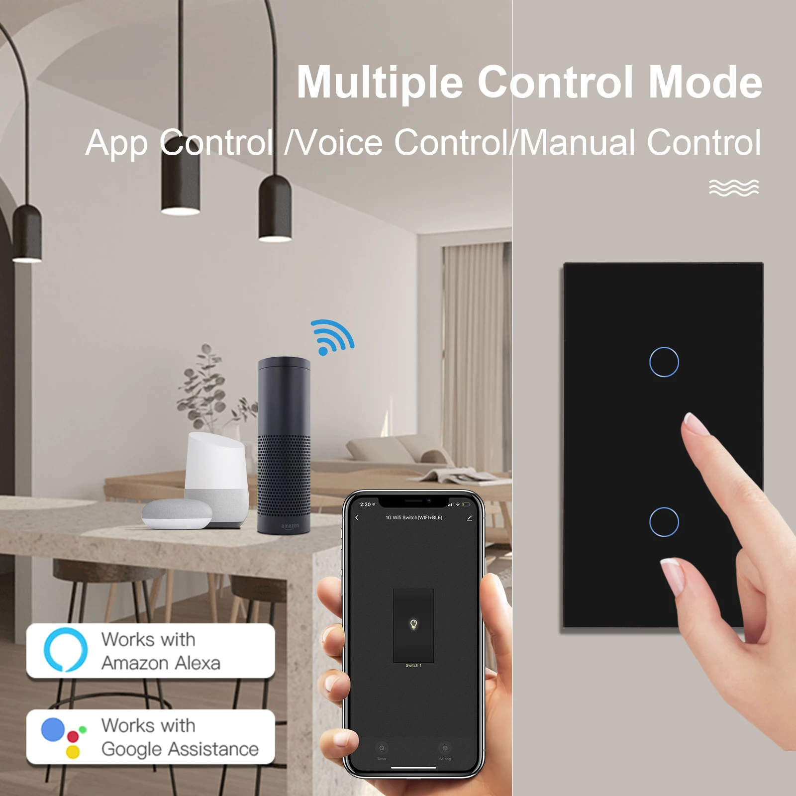 BSEED Wifi 1/2/3 interruptores de luz táctiles interruptores inteligentes dobles 1/2/3 vías Tuya Smart Life Alice Panel de vidrio de Control estándar de la UE - imagen 4