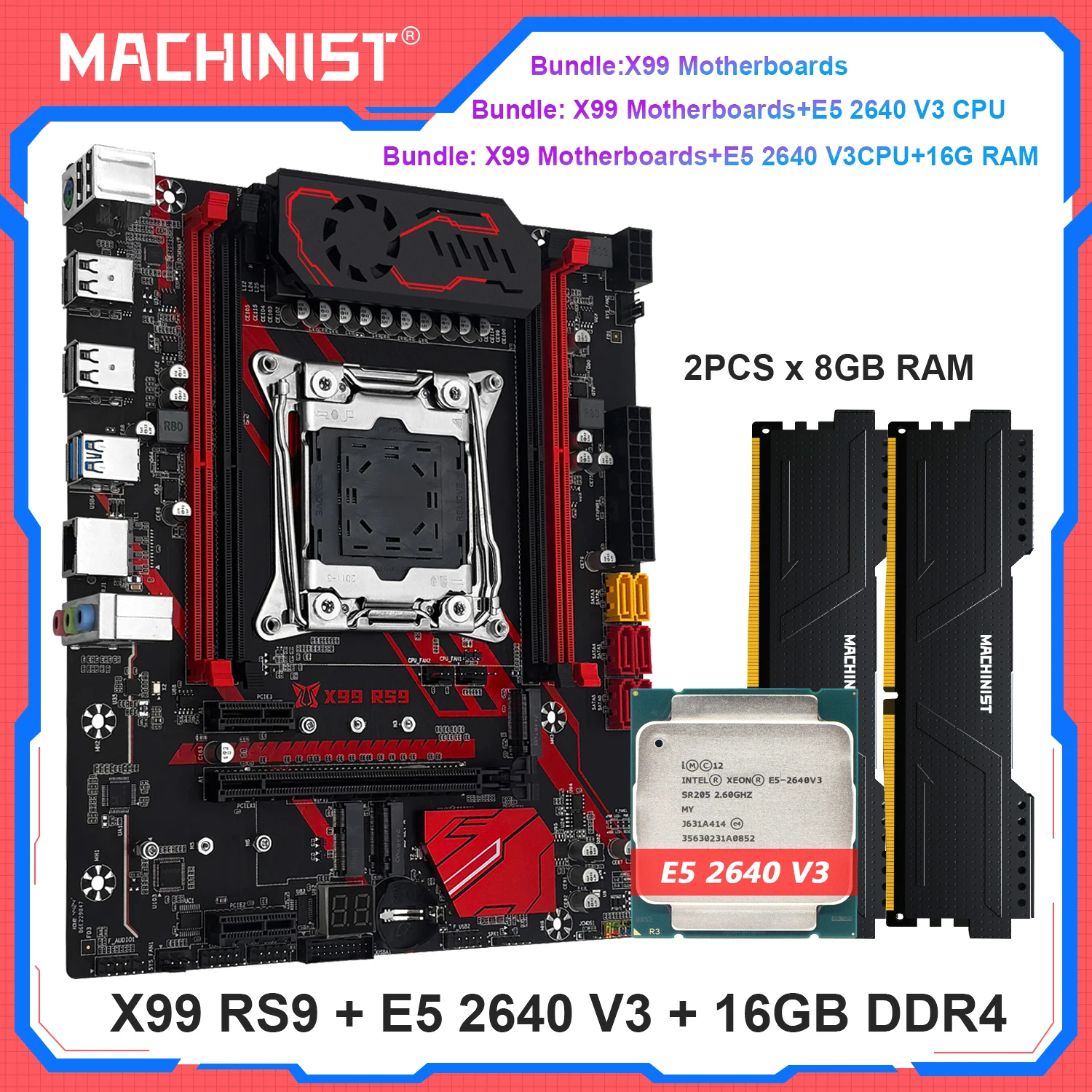 MACHINIST X99 RS9 Kit de placa base opcional LGA2011-3 Xeon E5 2640 V4 CPU DDR4 16GB RAM Combo NVME M.2 cuatro canales USB3.0