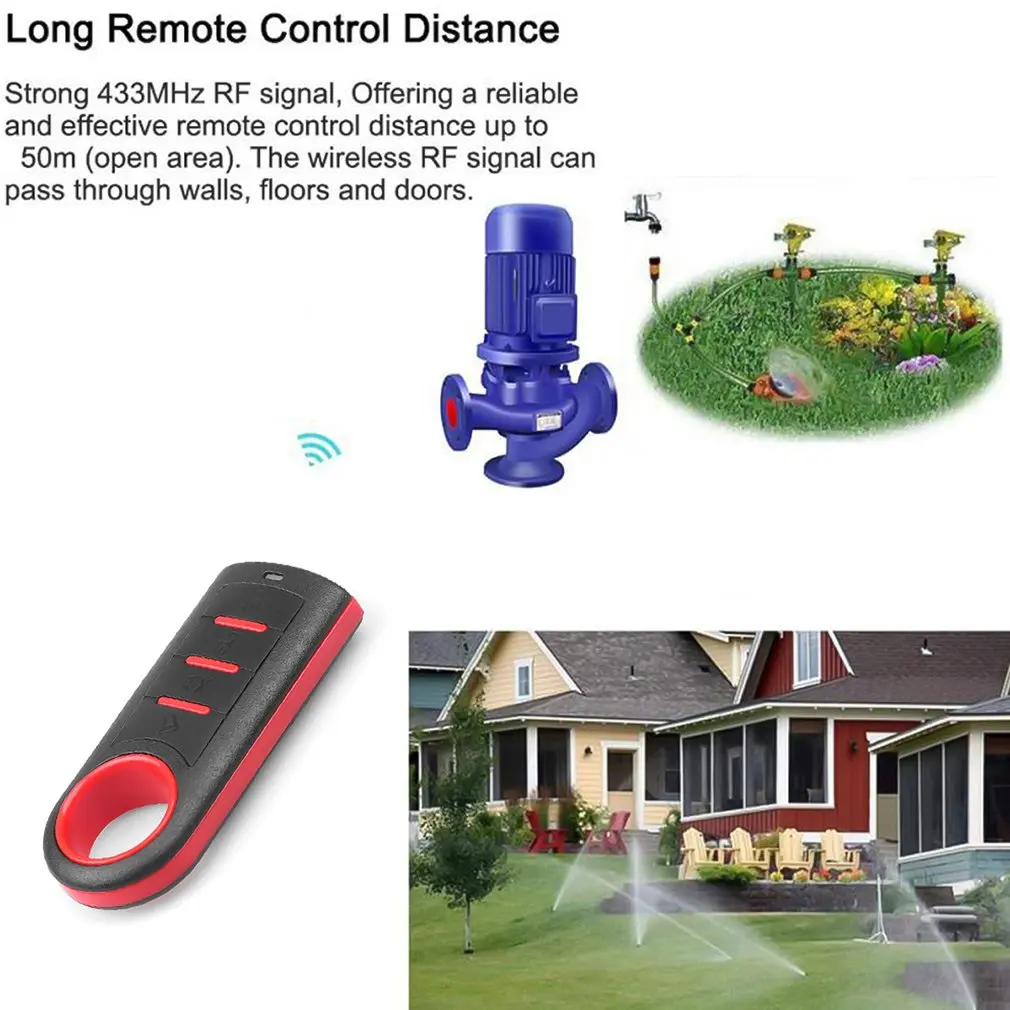 Un control remoto rojo con una manguera de riego azul en el fondo