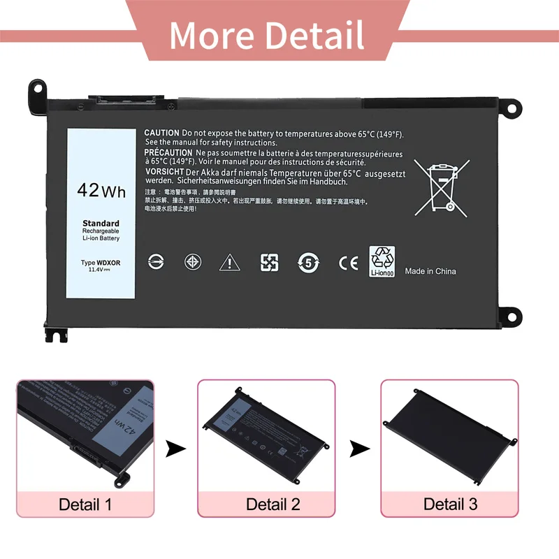Batería de ordenador portátil para Dell Inspiron 13, 5368, 5378, 5379, 14, 7368, 7460, P58F, FC92N, 3CRH3, T2JX4, CYMGM, P69G001, 0C4HCW, WDXOR, 42WH, WDX0R - imagen 2