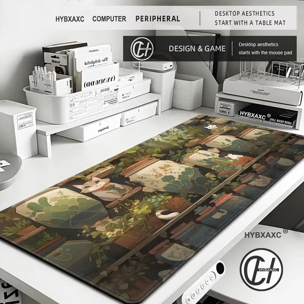 Alfombrilla de ratón para juegos Lofi Cat Green Plant, accesorios para PC, alfombrillas de goma antideslizantes impermeables para teclado, alfombrillas para oficina, portátil, escritorio en casa - imagen 2