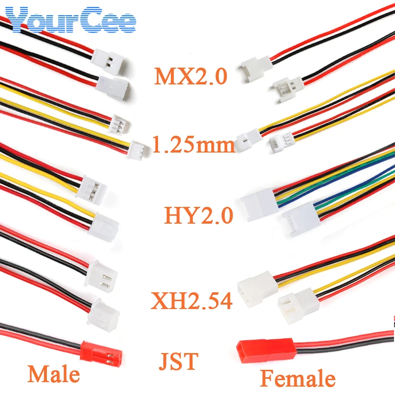 10 Uds XH2.54 2,54mm HY2.0 MX2.0 2,0mm JST 1,25mm 2/3/4/5/6Pin paso macho hembra enchufe con cable 20/15/10cm Cables 26/28AWG