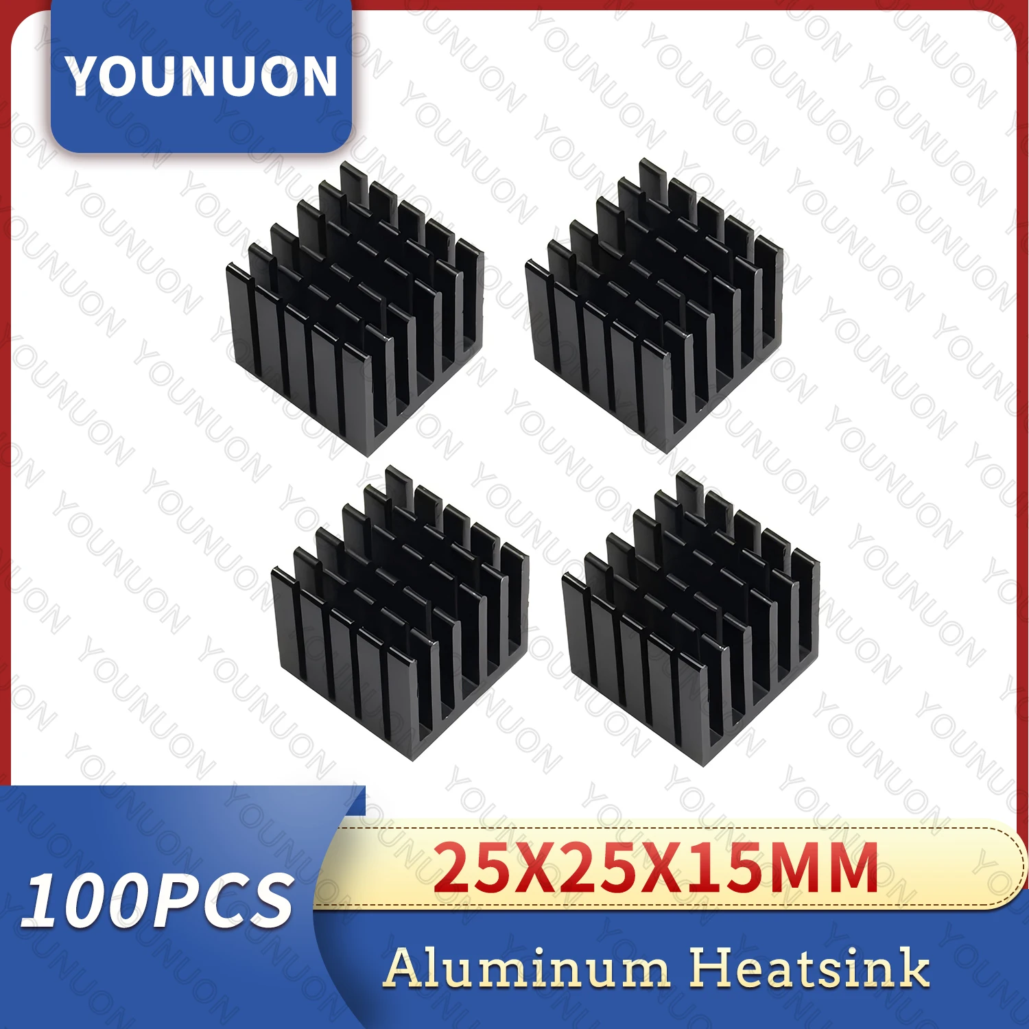 YOUNUON-disipador de calor de aluminio para CPU, disipador de calor para Chip GPU, VGA, RAM, IC, LED, refrigeración con cinta de 3M, color negro, 100 piezas, 25x25x15mm