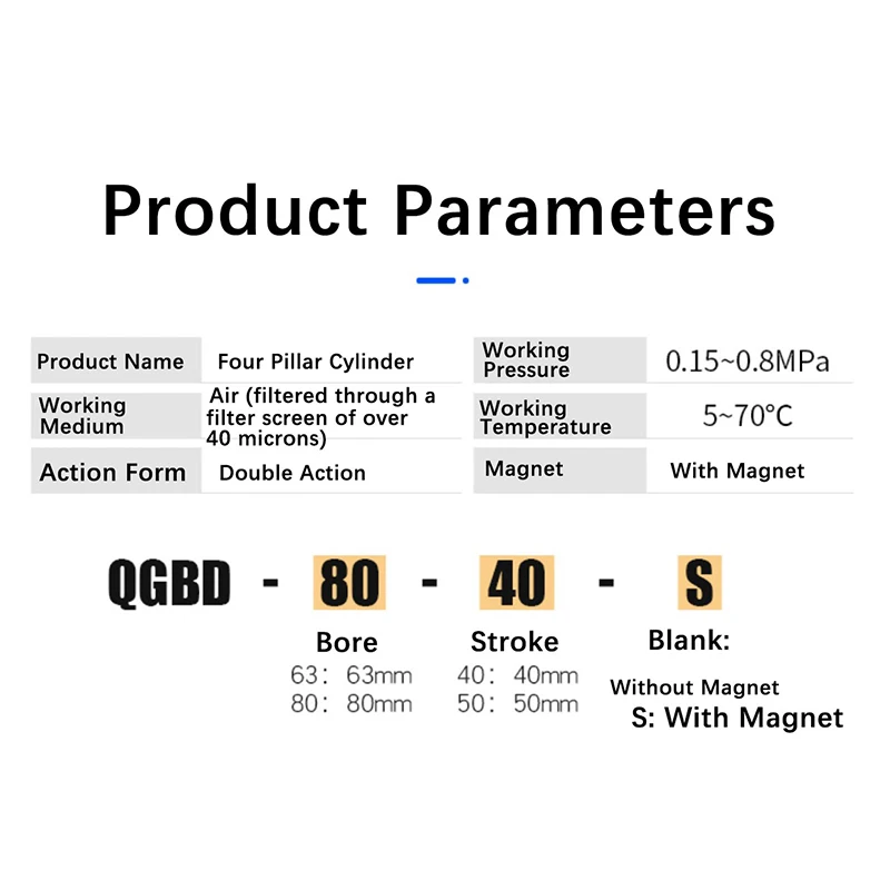 QGBD63-40 QGBD63-50 QGBD80-40 QGBD80-50 Cilindro basculante de cuatro pilares Empuje grande estándar con varilla guía Empuje grande neumático - imagen 5