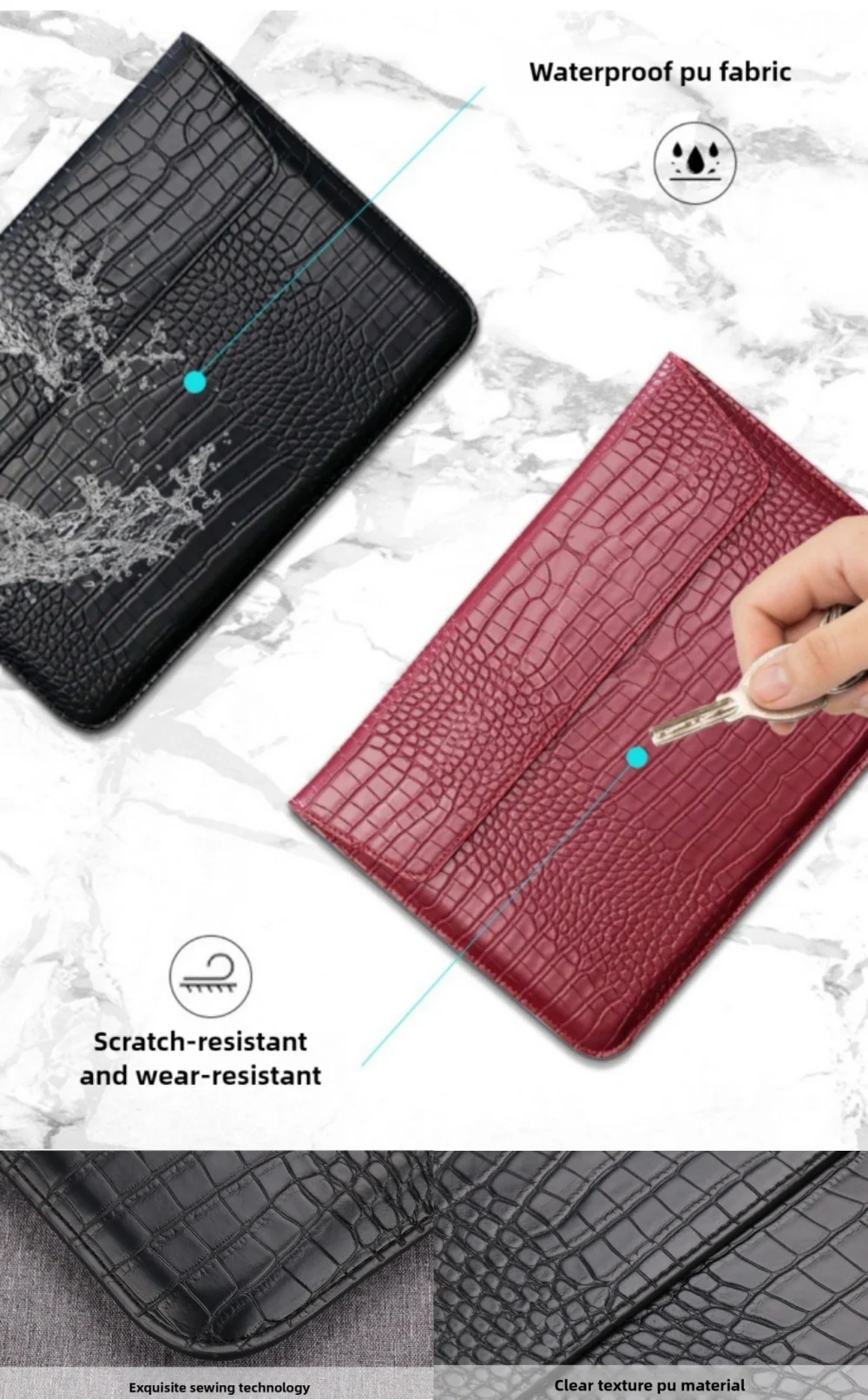 Funda para portátil de 11 ", 13", 15 ", funda para portátil, funda de cuero Pu con patrón de cocodrilo ultrafino, resistente a los arañazos, resistente al agua - imagen 5