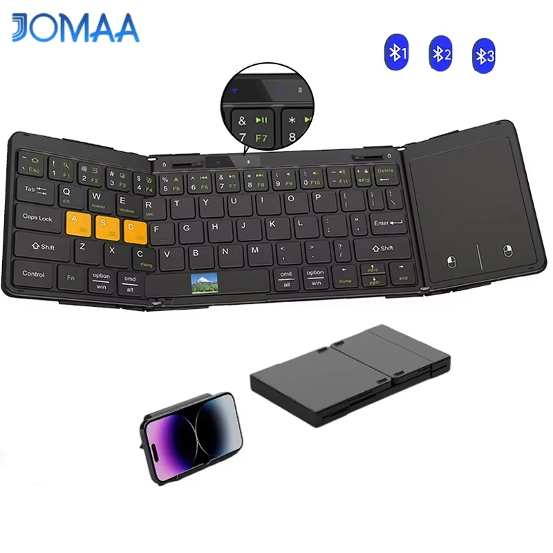 Teclado de viaje plegable con panel táctil y pantalla, teclado Bluetooth plegable para Windows iOS Android, teclado multidispositivo