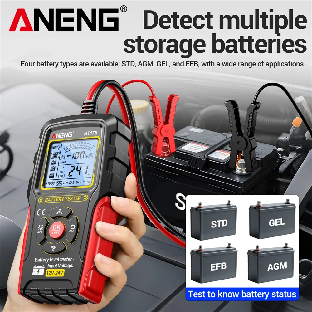 Probador de batería Digital ANENG BT175 Universal con pinza de cocodrilo aislada pantalla LCD Detector de batería de coche profesional - imagen 4