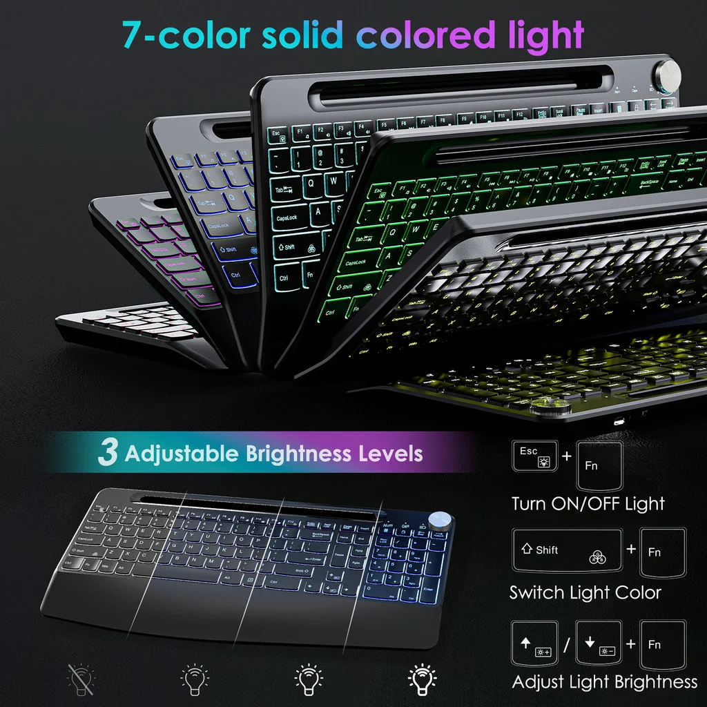 Teclado inalámbrico con 7 retroiluminadas de colores, reposamuñecas, soporte para teléfono, teclado ergonómico recargable de tamaño completo con teclas silenciosas - imagen 3