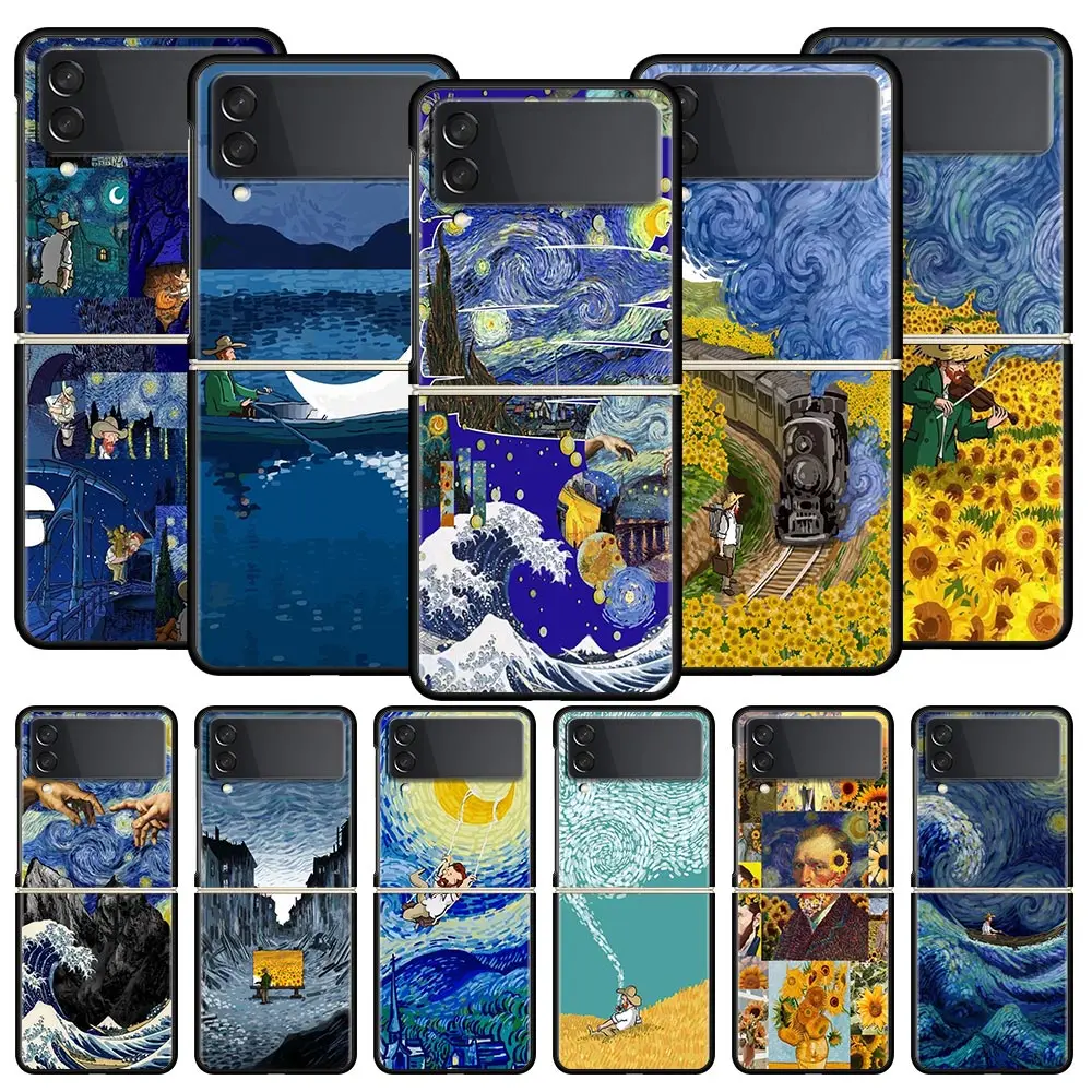 Funda de teléfono de regalo para Samsung Galaxy Z Flip, 4 pliegues, carcasa de PC dura negra para Samsung Z Flip 3 5G, funda de arte estético Van Gogh Starry