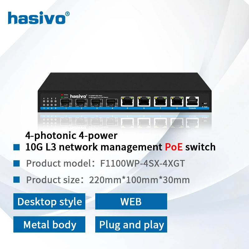 Hasivo Conmutador PoE 10G 4 Puertos RJ45 y SFP Plug and Play