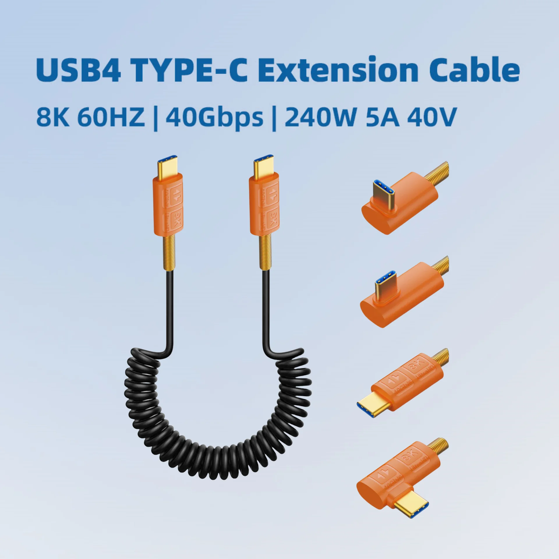 Cable retráctil USB4 de doble puerto tipo C con resorte, 240W (48V/5A), 8K, 60Hz, Cable para ordenador portátil Thunderbolt, Cable PD Coaxial de 40Gbps, 1m
