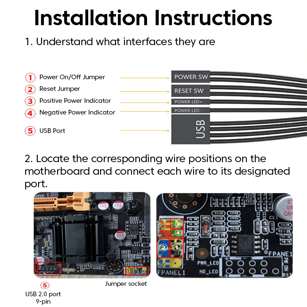 Interruptor de alimentación de PC externo, placa base de PC, arranque externo, USB 2,0, botón de encendido/apagado, Cable de extensión de 1,7 M, interruptor de inicio de reinicio - imagen 3