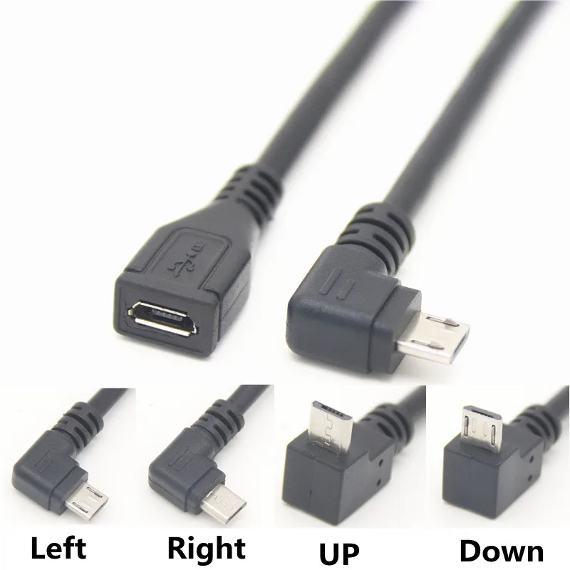 Cable de extensión Micro USB 2.0 macho a hembra de 90 grados arriba abajo izquierda derecha