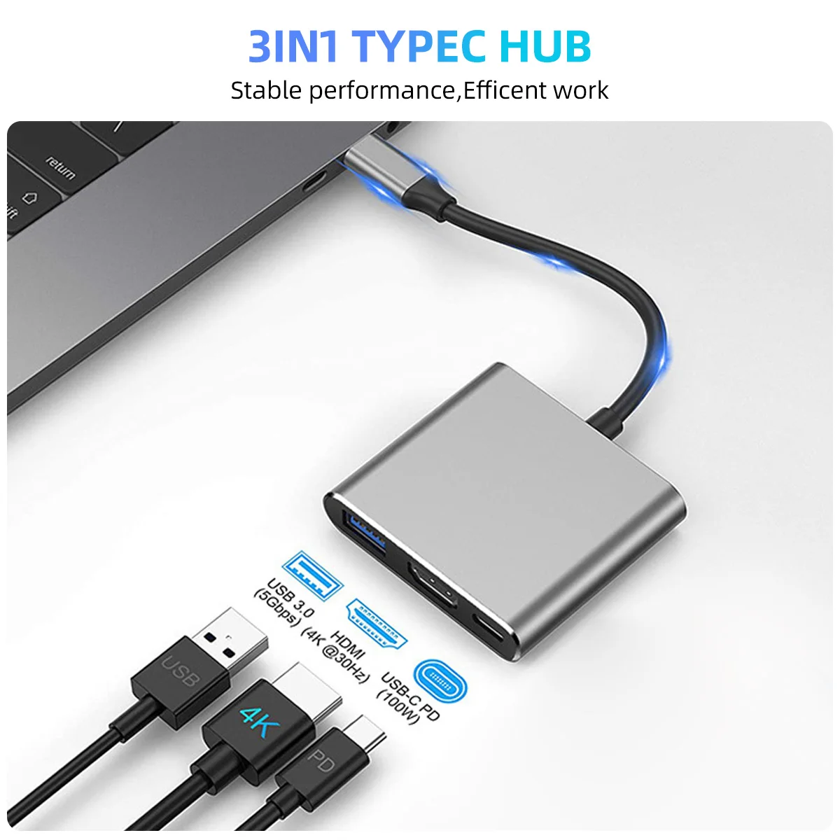 Convertidor de Cable 3 en 1 compatible con USB-C a HDMI para Samsung Huawei iPad Mac NS USB 3,0 tipo C a HD 4K Cable adaptador USB 3,0 - imagen 2
