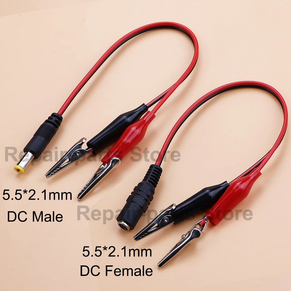 2 pinzas de cocodrilo a 1 adaptador de conector de clavija de alimentación CC macho o hembra cable de 25CM Clips de 5,5*2,1mm cables de prueba de cocodrilo