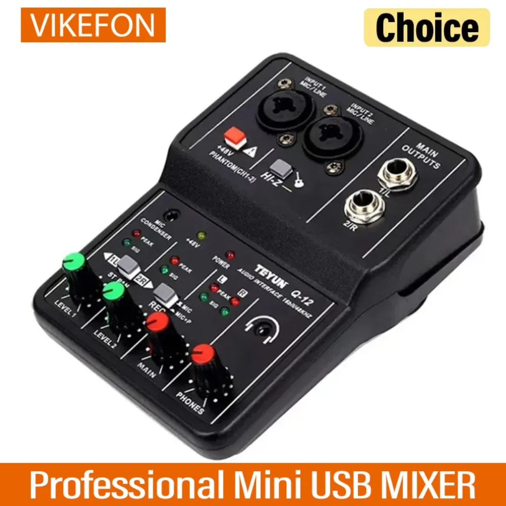 Interfaz de Audio profesional portátil de 2 canales, consola de tarjeta de sonido, Mini mezclador USB para estudio de grabación de guitarra, canto TEYUN Q12