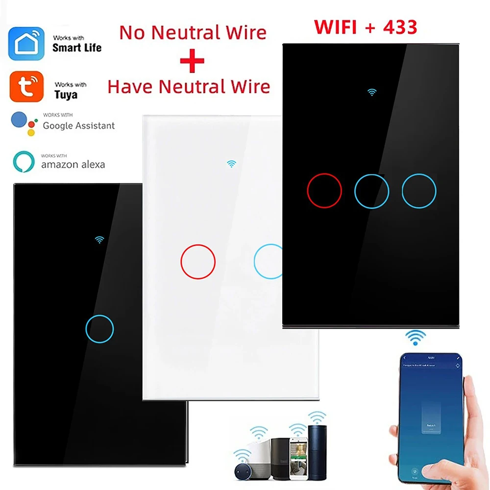 Interruptores inteligentes Tuya, No requiere cable neutro, 1/2/3 entradas, WiFi, Interruptor táctil, funciona con Alexa y Google Home