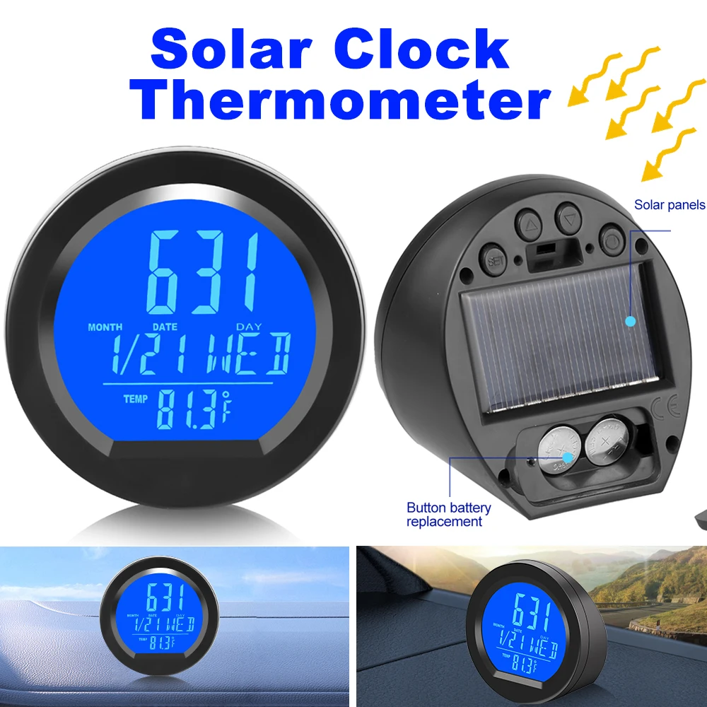 Kebidumei-relojes solares para coche, pantalla electrónica con retroiluminación, pantalla LCD Digital, fecha, semana, temperatura y tiempo