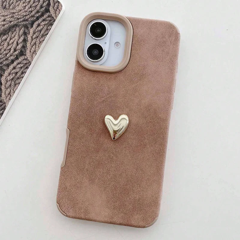 Funda de teléfono móvil marrón clásico con forma de corazón de amor dorado para iPhone 17 Air 16 15 14 13 12 11 Pro Max 7 8 Plus X XS XR funda suave - imagen 4