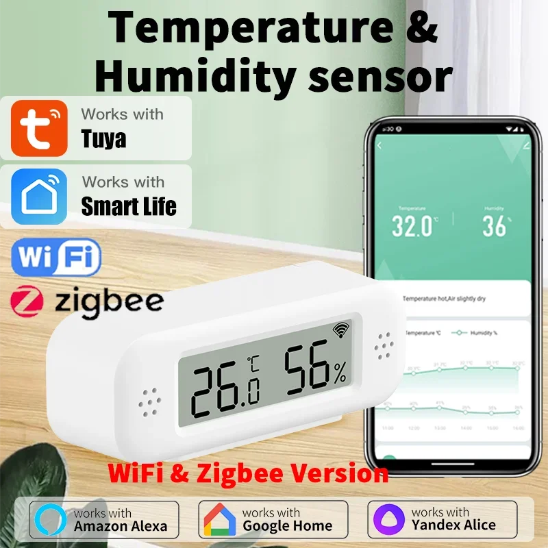 Tuya Zigbee WiFi Mini temperatura humedad para hogar inteligente termómetro higrómetro aplicación remota trabajo con Google Home Yandex Alexa