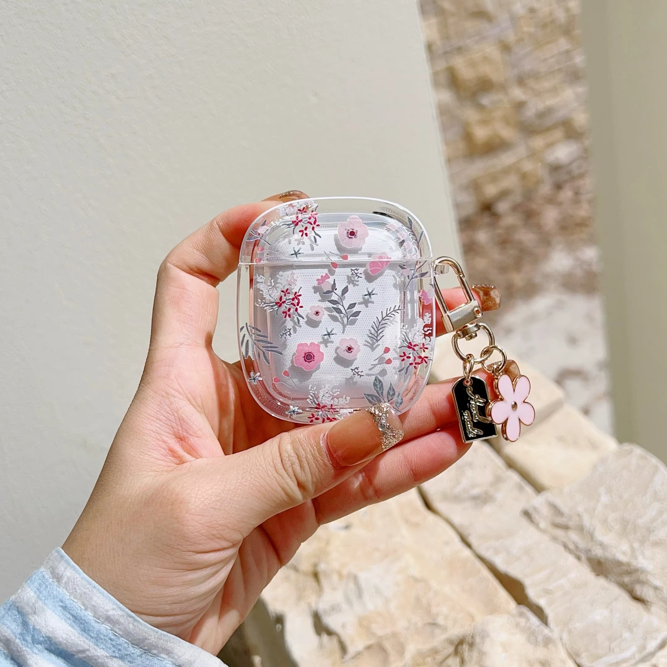 Funda con colgante de perla y flor rosa para Apple AirPods Pro 2, fundas para auriculares con forma de mariposa y flores, llavero de corazón - imagen 5