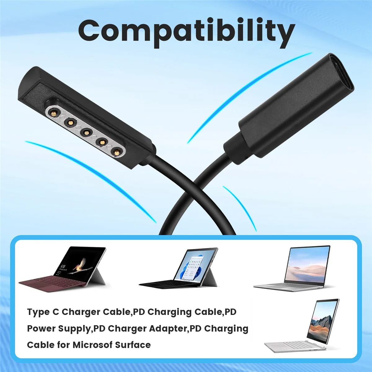 Cable de carga tipo C PD, adaptador de fuente de alimentación hembra, convertidor USB C para Microsof Surface Pro 1/2 Tablet - imagen 5