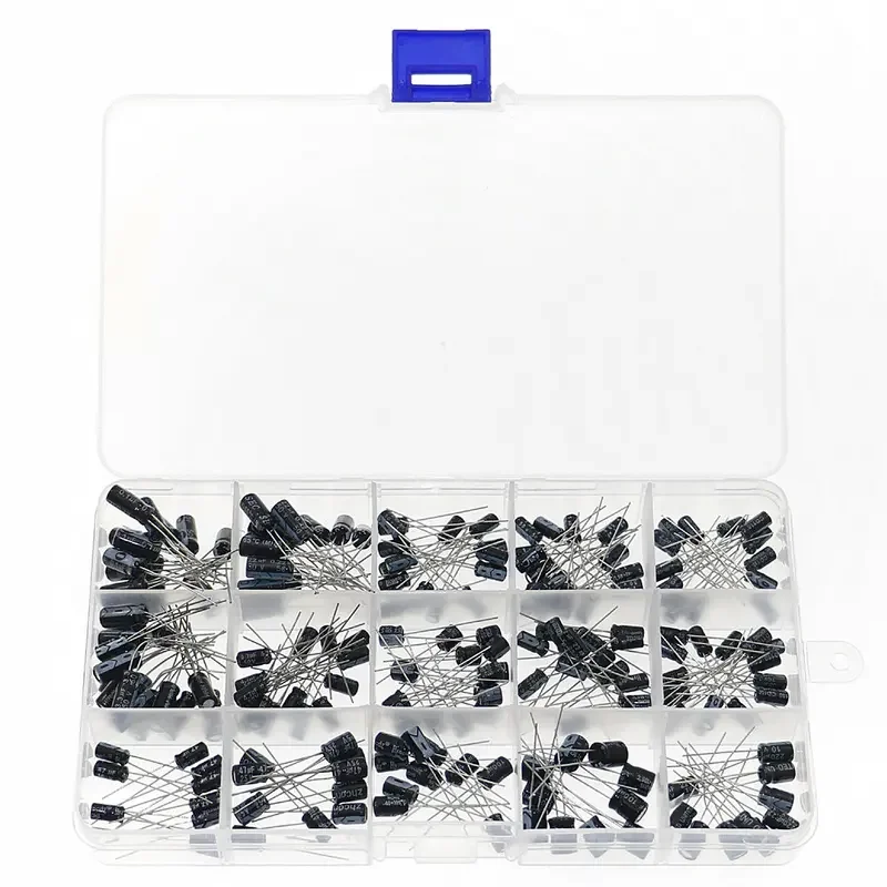 200 Uds 15 valores 0,1 uF 0,22 uF 0,47 uF 1uF 2,2 uF 10uF 33uF 47uF 100uF 220uF 10V 16V 25V 50V Kit surtido de condensadores electrolíticos