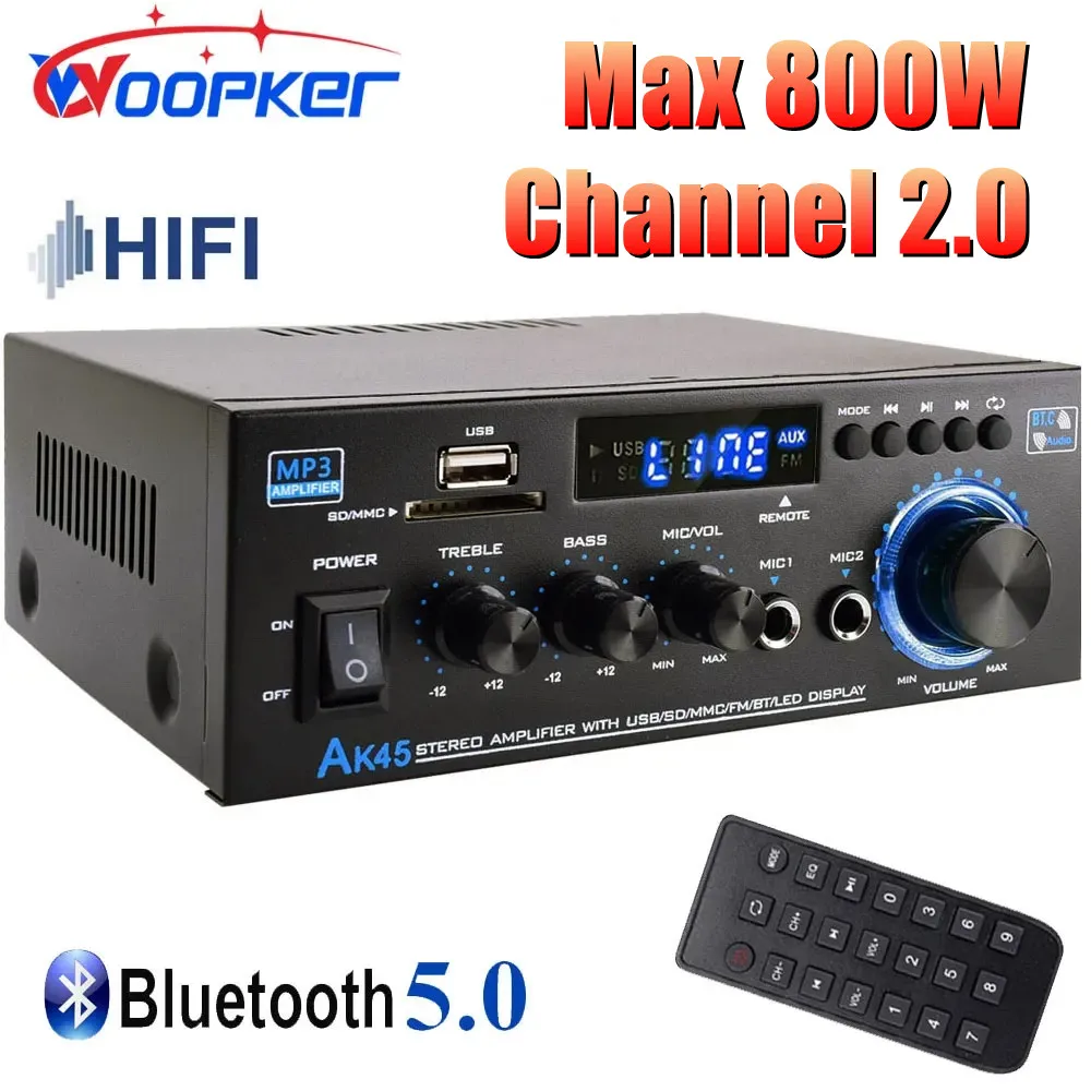 Woopker-amplificador Digital HiFi AK45, Bluetooth, MP3, canal 2,0, amplificador de sonido, compatible con 90V-240V para el hogar y el coche MAX 400W * 2